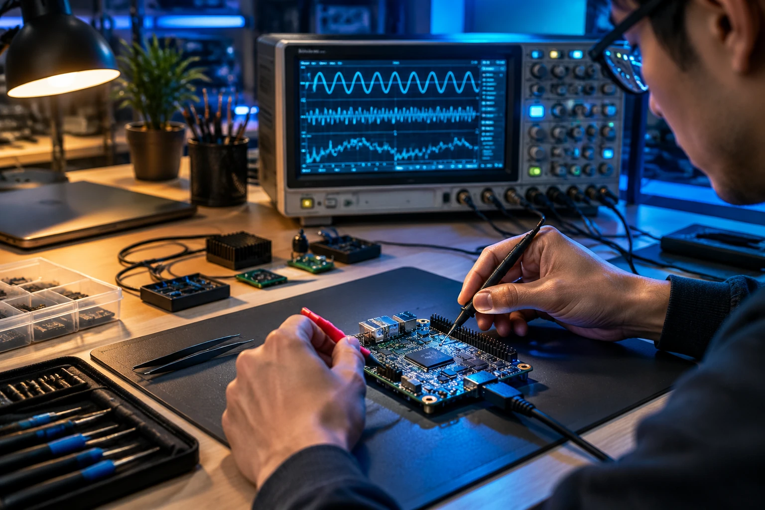 Photorealistic editorial image of an embedded AI hardware engineer testing a compact edge computing board on a modern electronics workbench, visible sensors, clean PCB, oscilloscope in background, cinematic but realistic lighting, no text, no logos, no watermark, wide 16:9 composition.